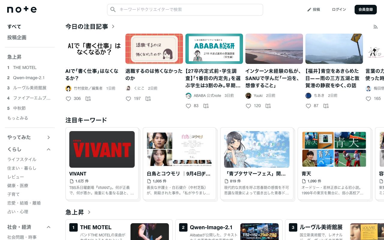 noteのトップページ